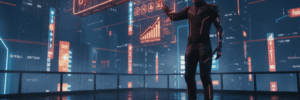 Futuristic scene of a woman using AI technology for customer engagement in a digital cityscape.