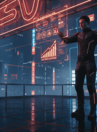 Futuristic scene of a woman using AI technology for customer engagement in a digital cityscape.