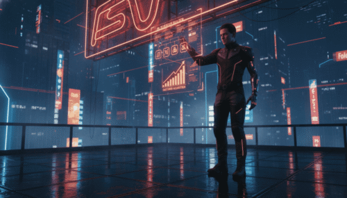 Futuristic scene of a woman using AI technology for customer engagement in a digital cityscape.