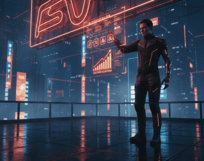 Futuristic scene of a woman using AI technology for customer engagement in a digital cityscape.