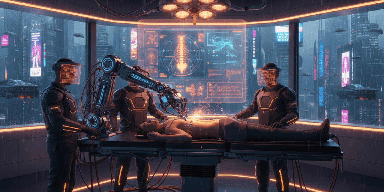 AI-powered robotic spine surgery in a high-tech hospital setting.
