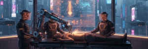 AI-powered robotic spine surgery in a high-tech hospital setting.