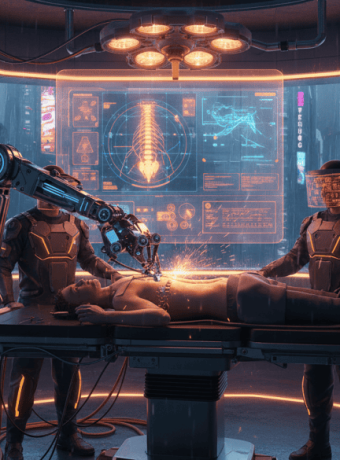 AI-powered robotic spine surgery in a high-tech hospital setting.