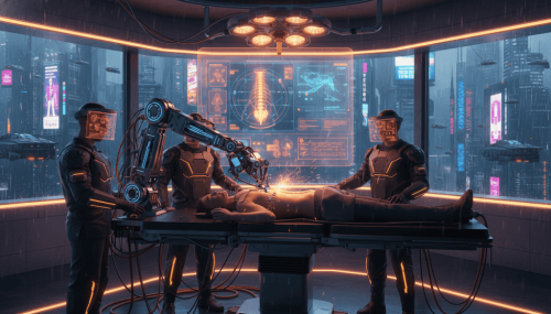 AI-powered robotic spine surgery in a high-tech hospital setting.