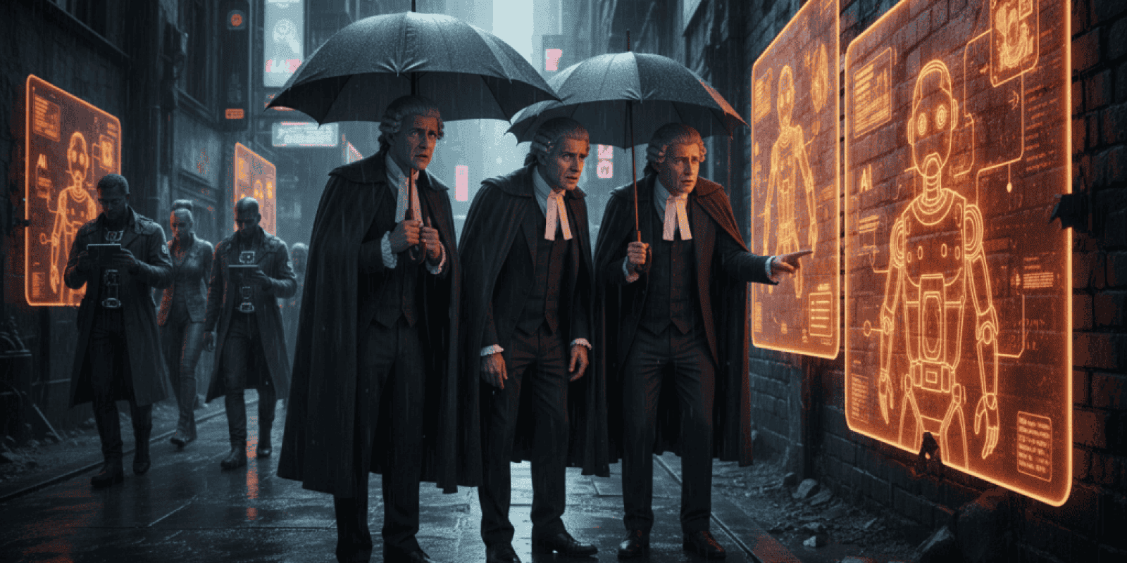 Lawyers examining AI technology in a futuristic city street at night.