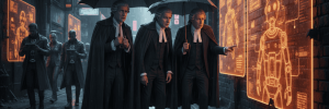 Lawyers examining AI technology in a futuristic city street at night.