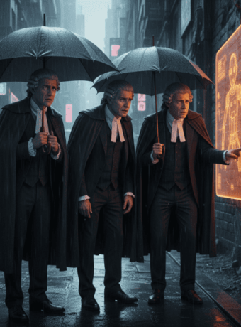 Lawyers examining AI technology in a futuristic city street at night.