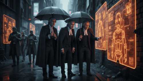 Lawyers examining AI technology in a futuristic city street at night.