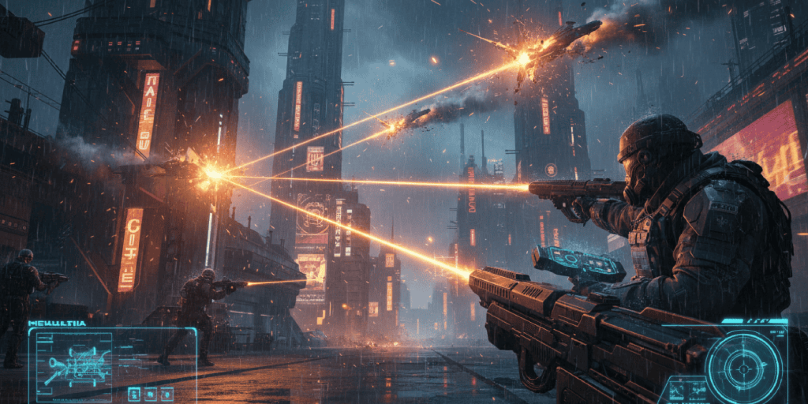 AI-guided laser weapons defending a city against aerial threats.