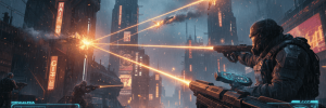 AI-guided laser weapons defending a city against aerial threats.