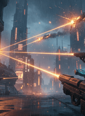AI-guided laser weapons defending a city against aerial threats.