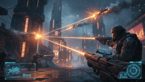 AI-guided laser weapons defending a city against aerial threats.