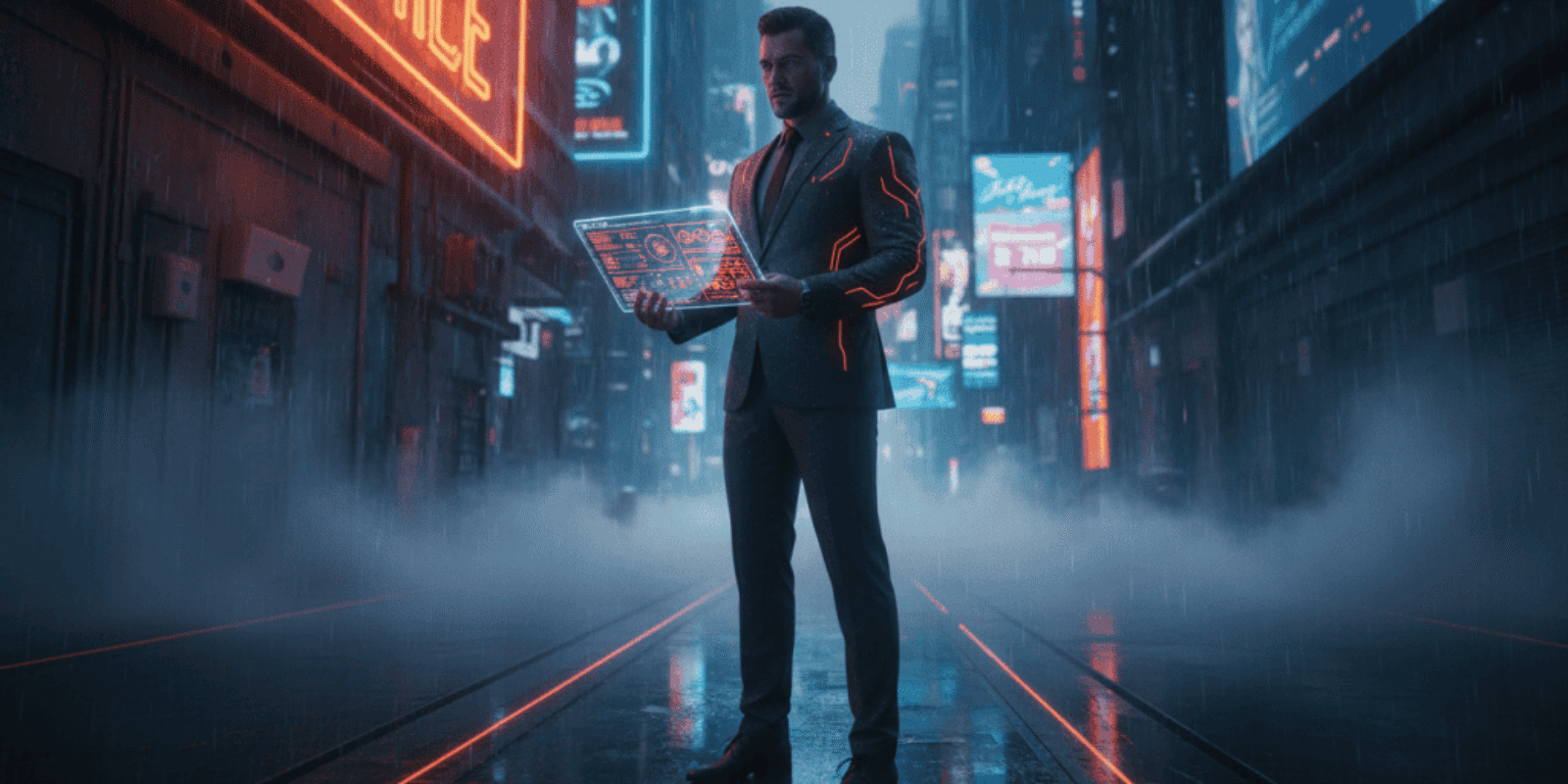Businessman in a neon-lit city holding a digital tablet with AI and sales data.