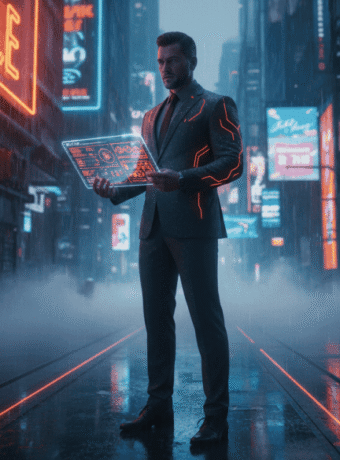 Businessman in a neon-lit city holding a digital tablet with AI and sales data.