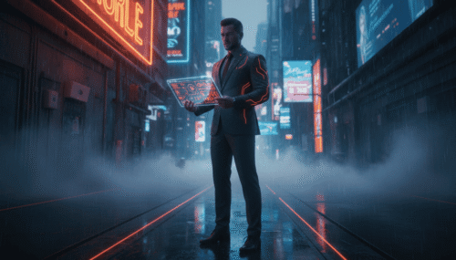 Businessman in a neon-lit city holding a digital tablet with AI and sales data.