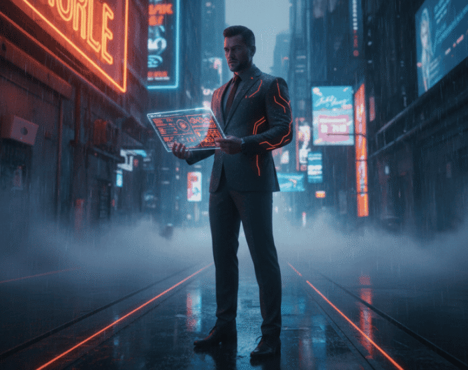 Businessman in a neon-lit city holding a digital tablet with AI and sales data.