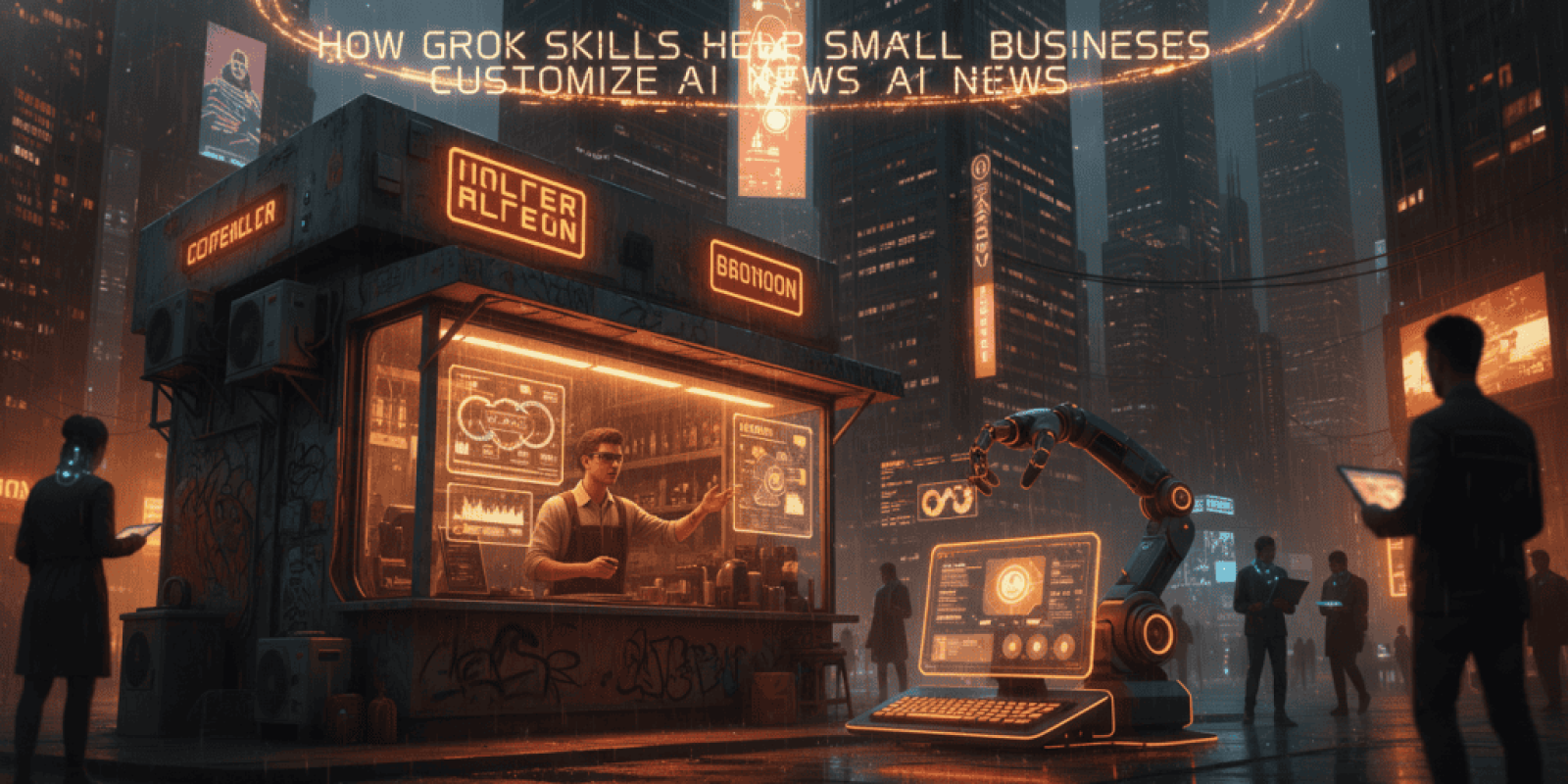 AI news kiosk showcasing small business AI customization tools.