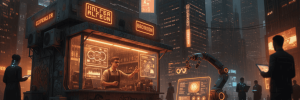AI news kiosk showcasing small business AI customization tools.