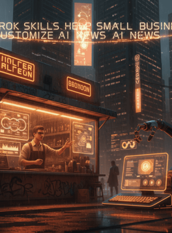 AI news kiosk showcasing small business AI customization tools.