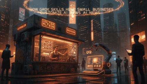 AI news kiosk showcasing small business AI customization tools.