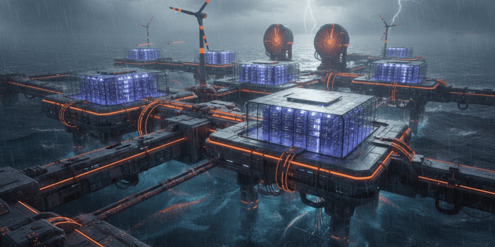 AI data centers on floating platforms amid stormy weather and lightning.
