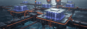 AI data centers on floating platforms amid stormy weather and lightning.