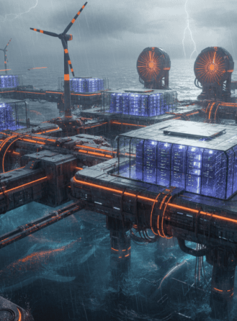 AI data centers on floating platforms amid stormy weather and lightning.