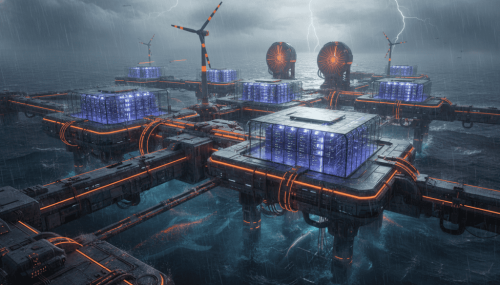 AI data centers on floating platforms amid stormy weather and lightning.