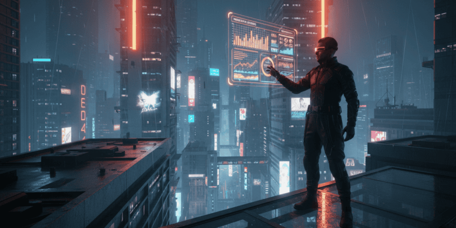 Business professional analyzing marketing metrics on a digital screen in a high-tech city.