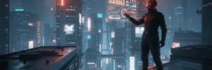 Business professional analyzing marketing metrics on a digital screen in a high-tech city.