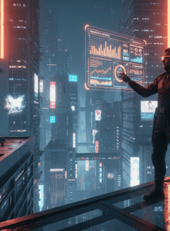 Business professional analyzing marketing metrics on a digital screen in a high-tech city.