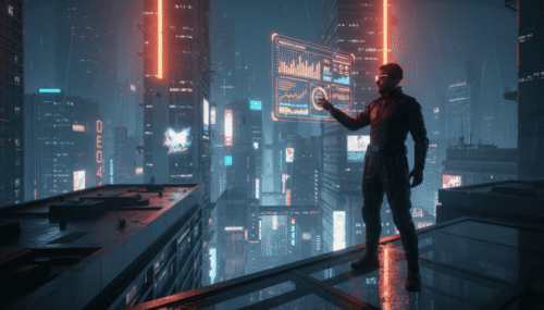 Business professional analyzing marketing metrics on a digital screen in a high-tech city.
