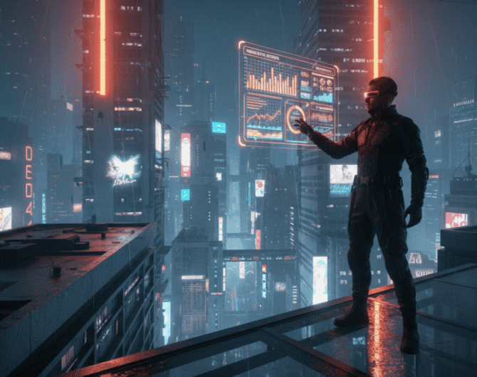 Business professional analyzing marketing metrics on a digital screen in a high-tech city.