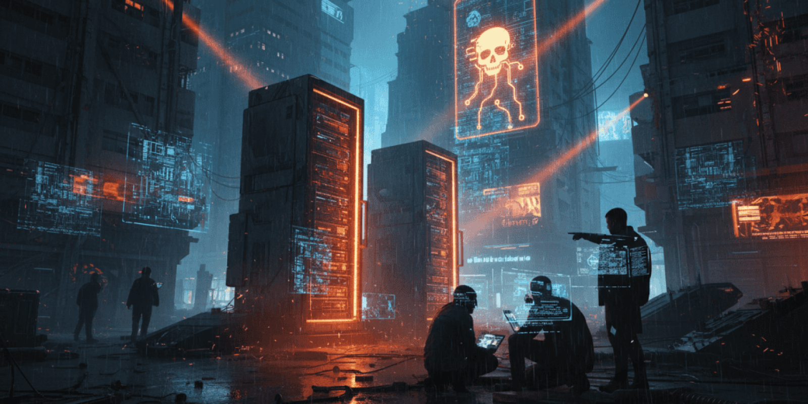 Cybersecurity threat with digital skull warning in a futuristic cityscape.
