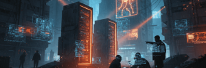 Cybersecurity threat with digital skull warning in a futuristic cityscape.