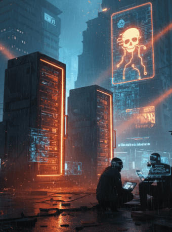 Cybersecurity threat with digital skull warning in a futuristic cityscape.