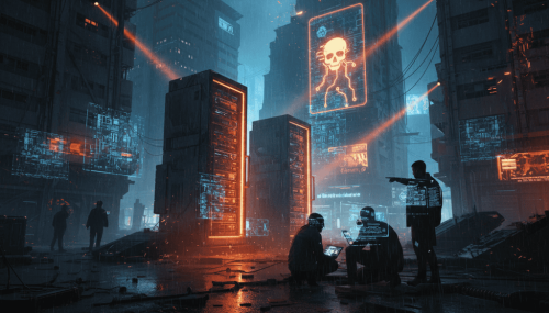 Cybersecurity threat with digital skull warning in a futuristic cityscape.