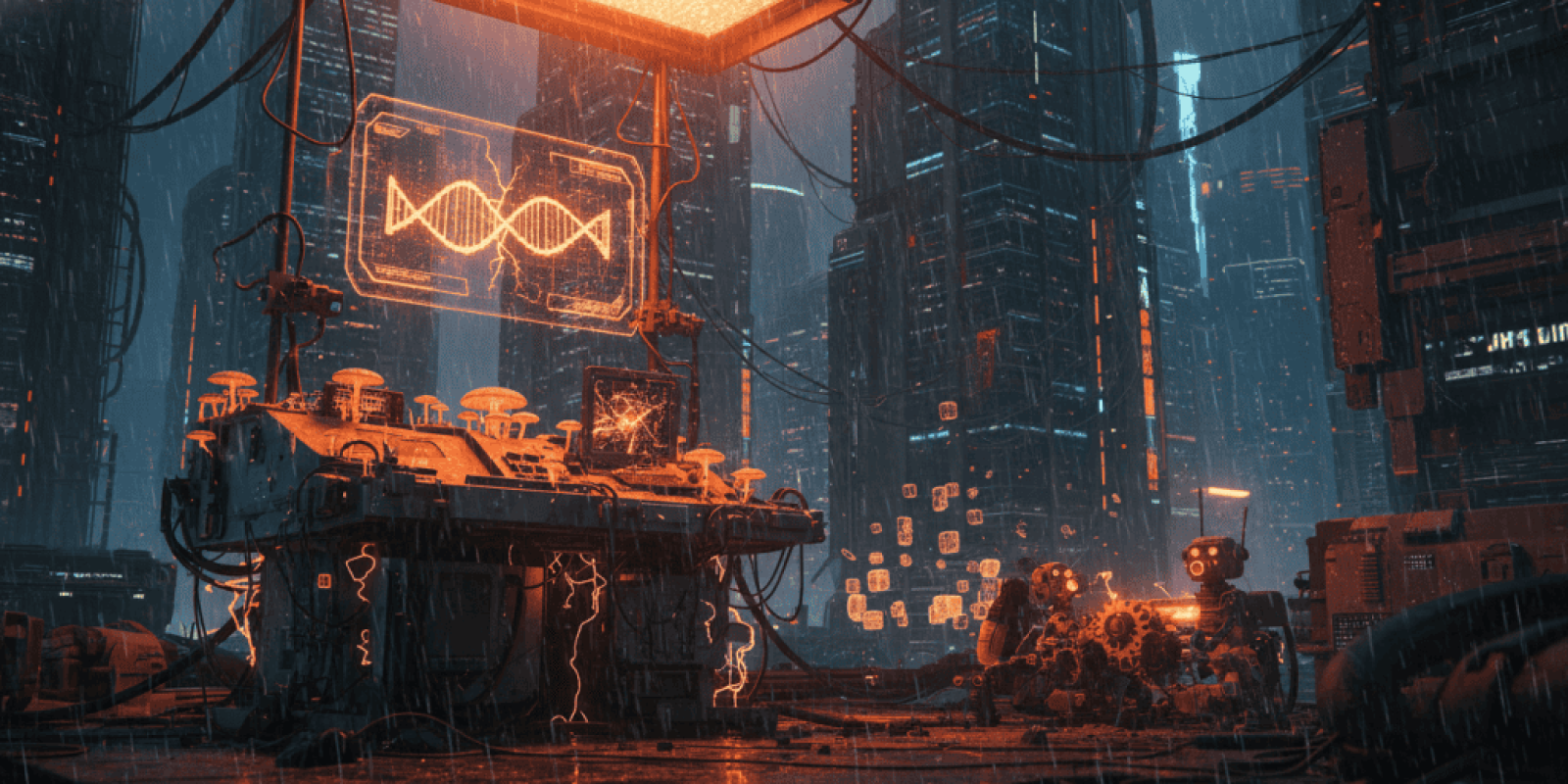 AI and biotech laboratory in a futuristic city with neon lights and advanced technology.