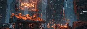 AI and biotech laboratory in a futuristic city with neon lights and advanced technology.
