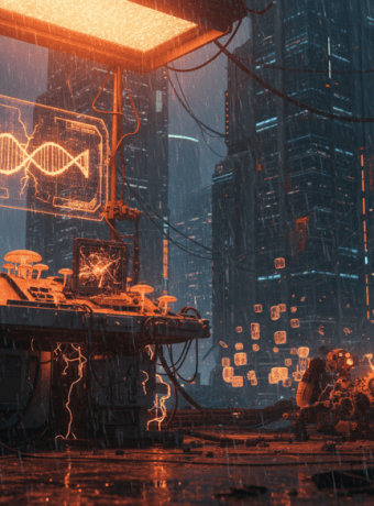 AI and biotech laboratory in a futuristic city with neon lights and advanced technology.