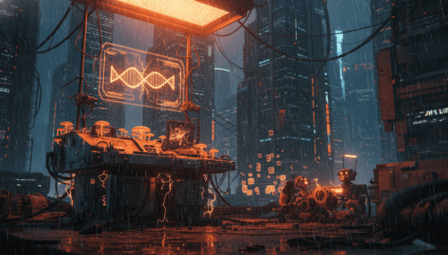 AI and biotech laboratory in a futuristic city with neon lights and advanced technology.