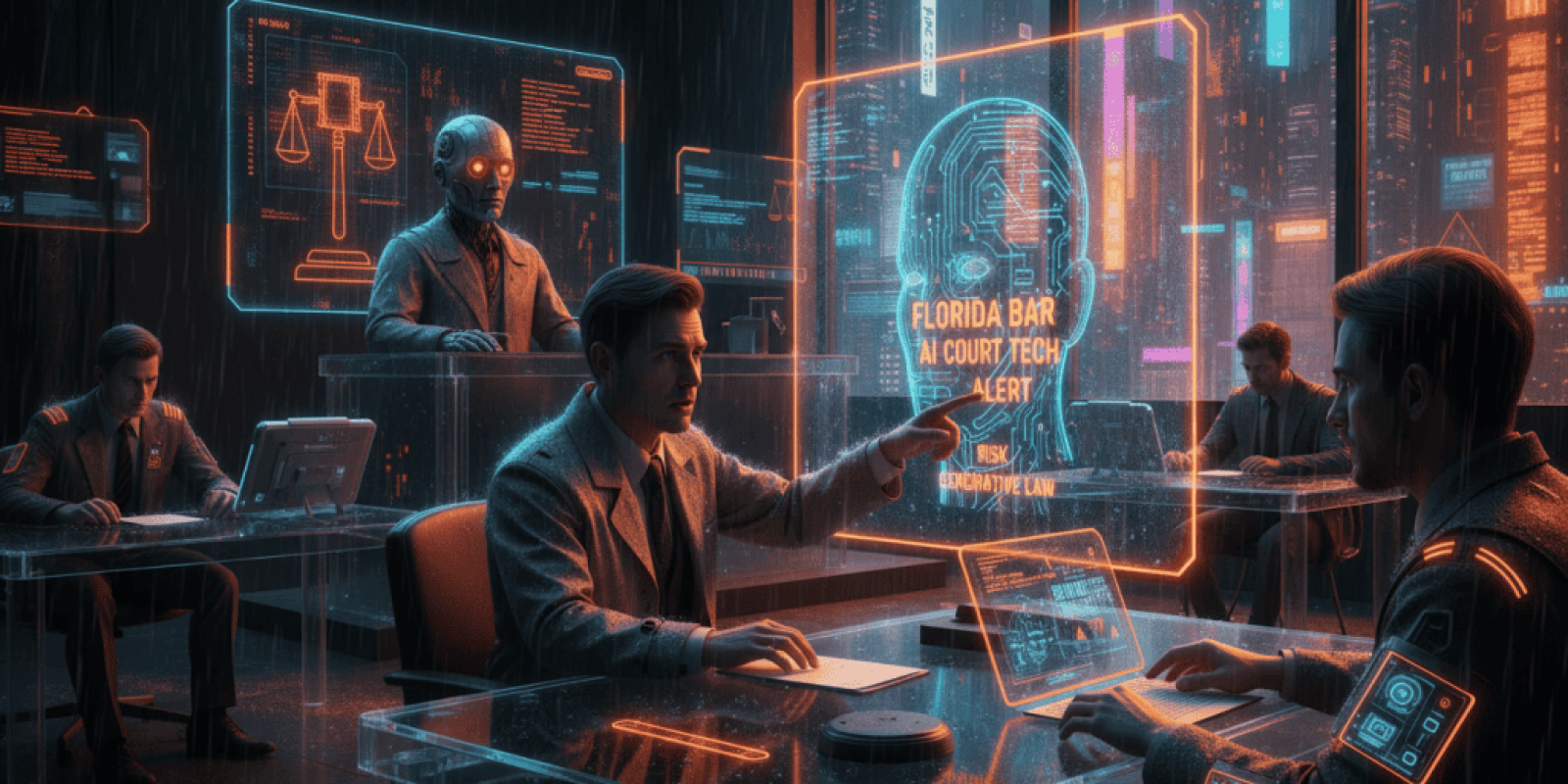Legal professionals using AI technology in a futuristic courtroom setting.