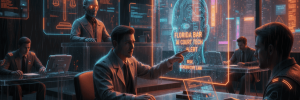Legal professionals using AI technology in a futuristic courtroom setting.