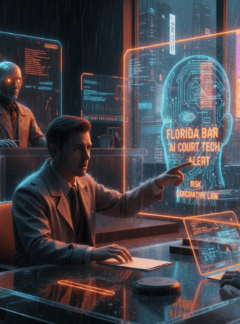 Legal professionals using AI technology in a futuristic courtroom setting.