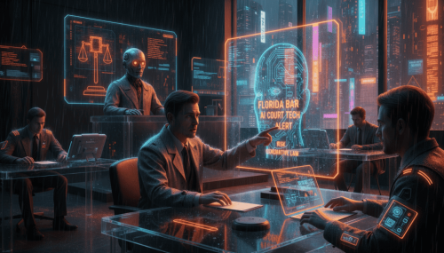 Legal professionals using AI technology in a futuristic courtroom setting.