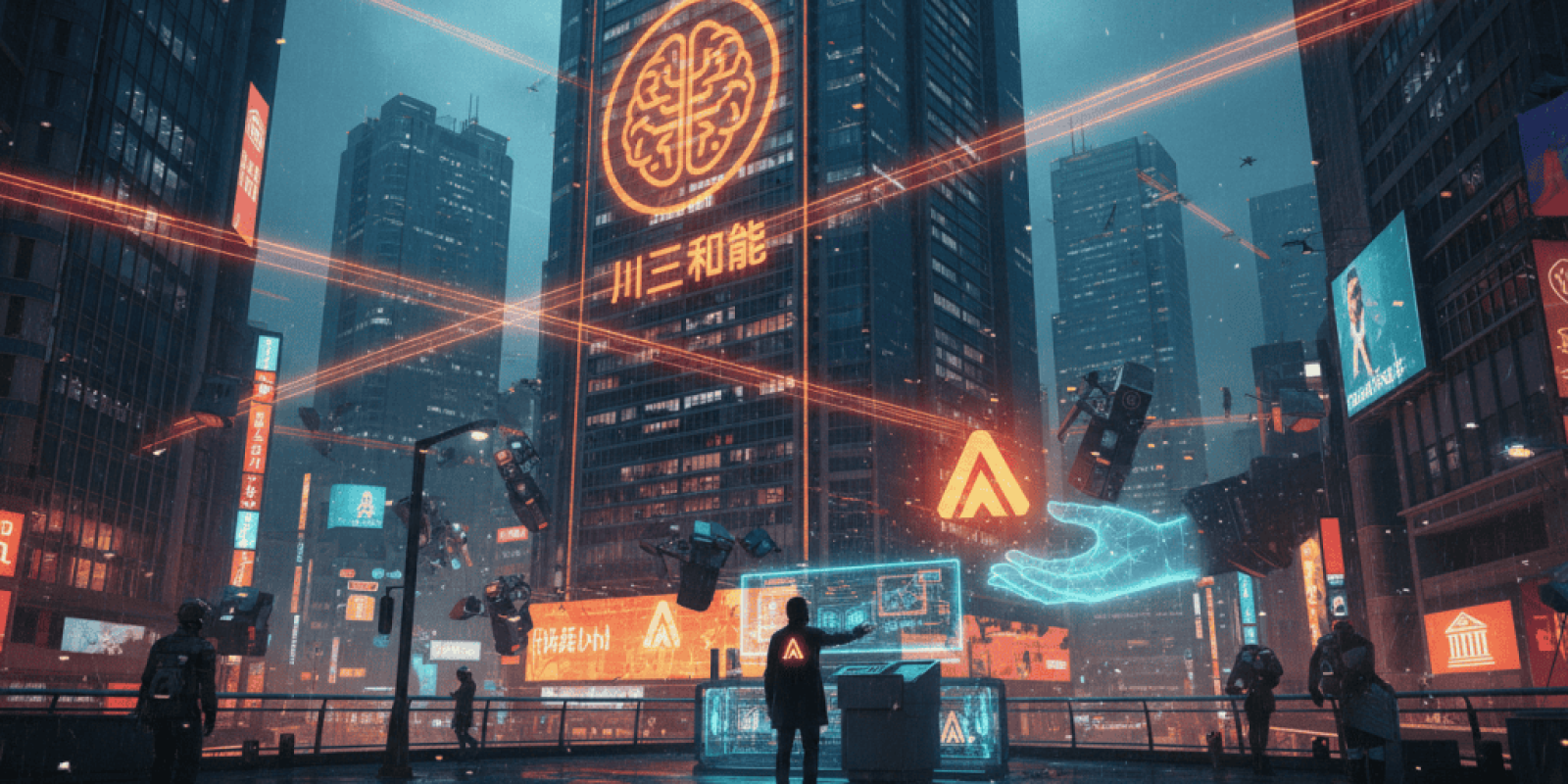 AI technology in a modern city with digital holograms and data streams.