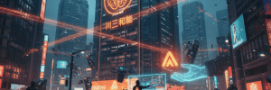 AI technology in a modern city with digital holograms and data streams.