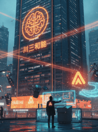 AI technology in a modern city with digital holograms and data streams.