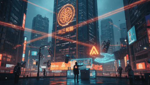 AI technology in a modern city with digital holograms and data streams.