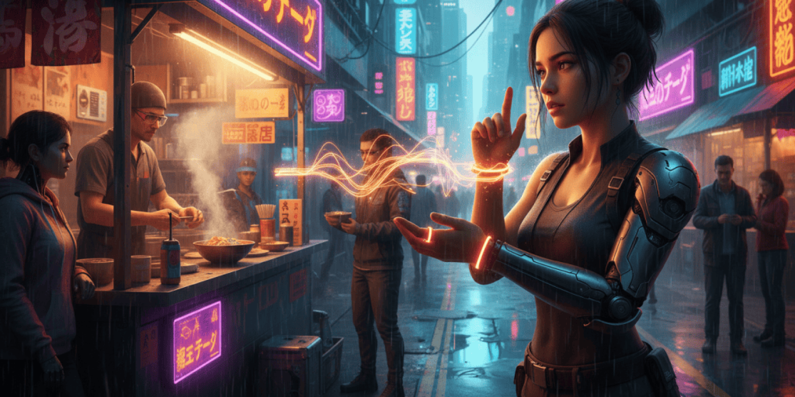 Female cyborg in a neon-lit cyberpunk city, using AI technology on a busy street.